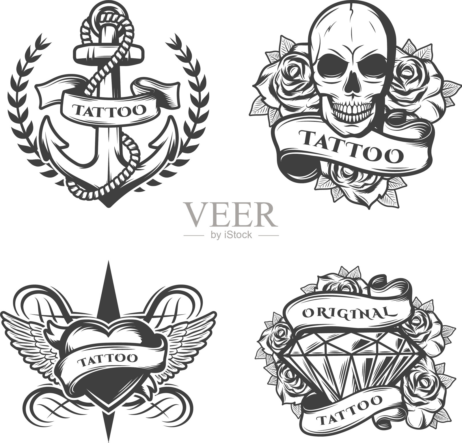 复古纹身工作室标志集图标素材