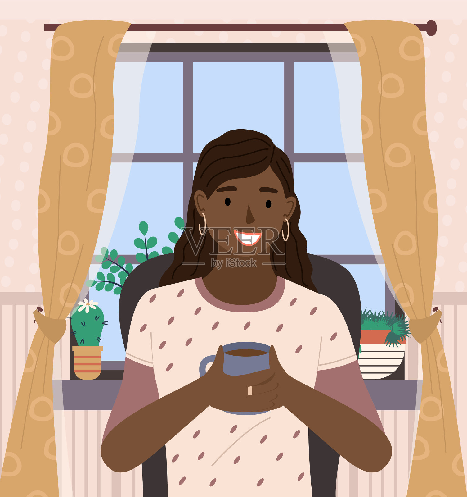 一个漂亮的,皮肤黝黑的女人,坐在插画图片素材