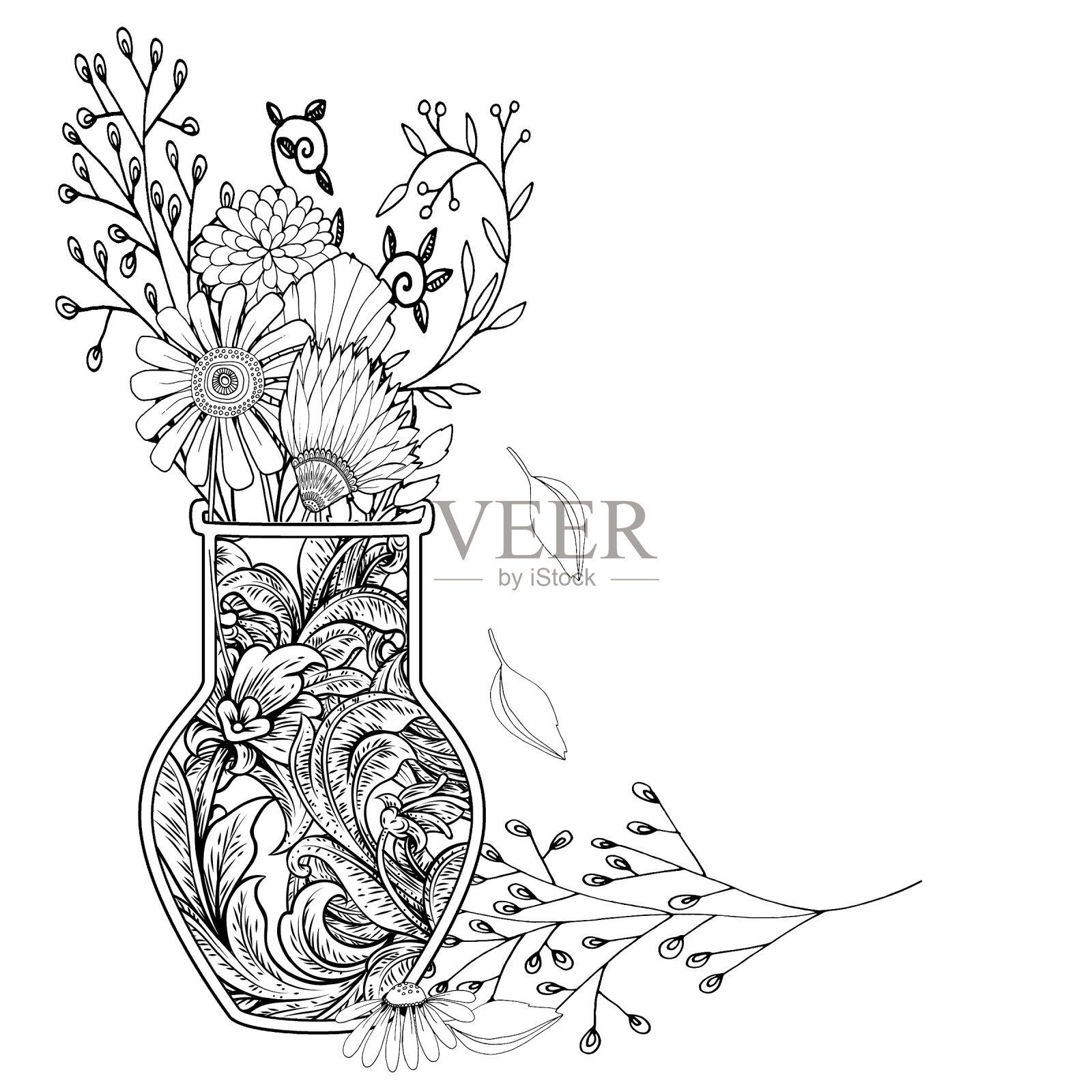 成人着色页马赛克花瓶与花卉插图插画图片素材