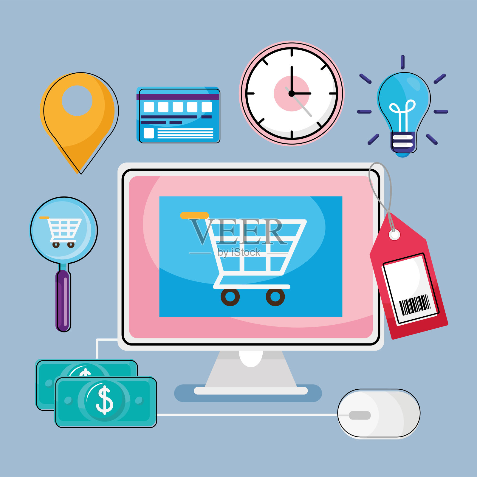 购物车在电脑与图标设置插画图片素材