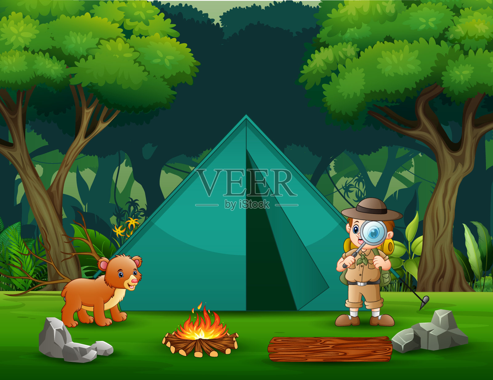 探险男孩在森林里露营插画图片素材