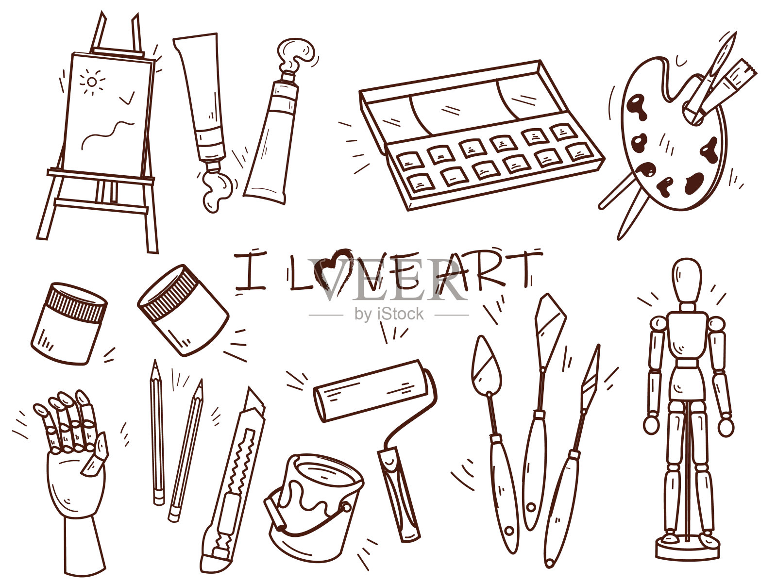 一套绘制和创建线性风格的工具。艺术家的工作工具。爱好的物品。在白色背景上孤立的元素。艺术品的轮廓图像。EPS10。插画图片素材