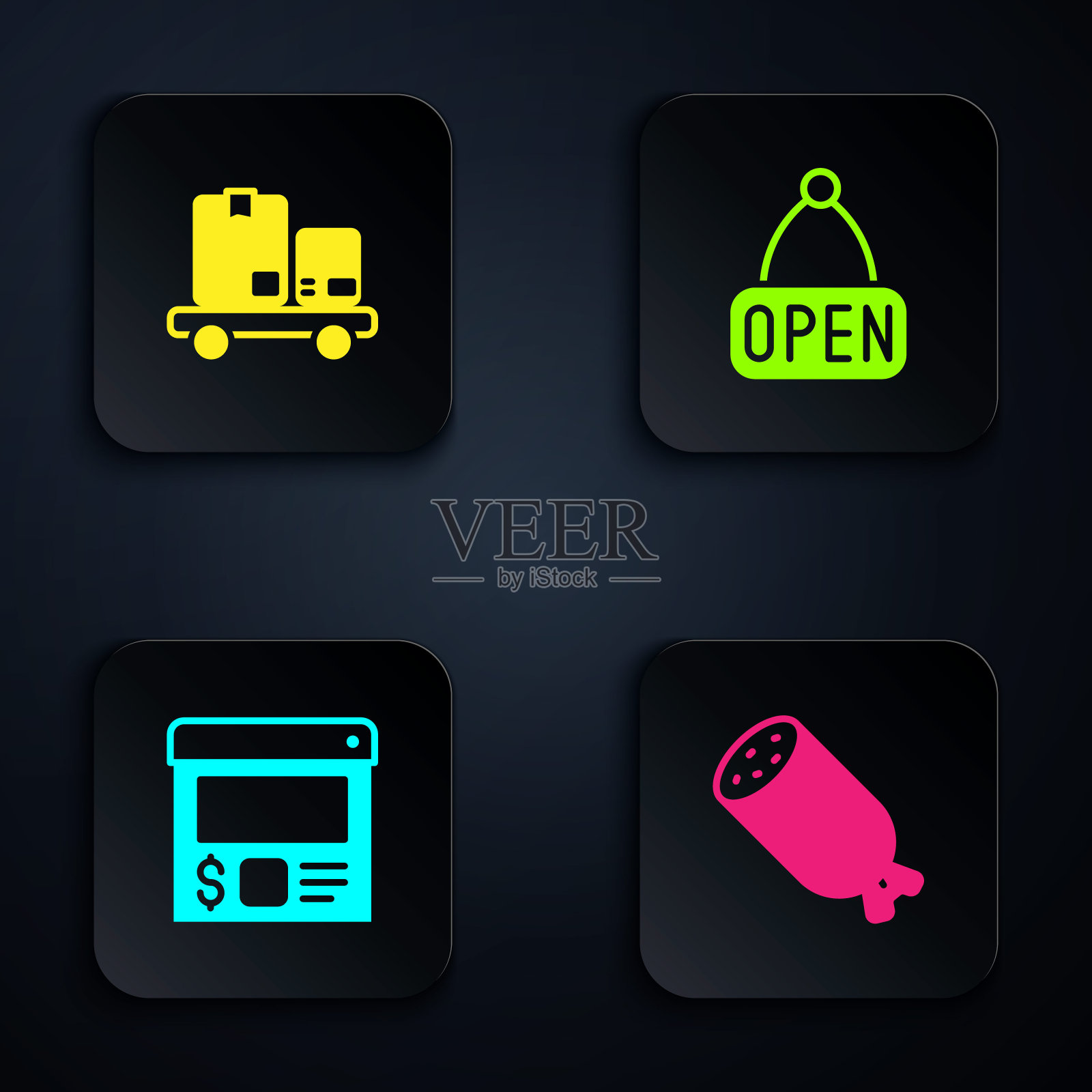 集意大利腊肠,手推车和盒子,在线订购送货和挂签与开放。黑色方形按钮。向量图标素材