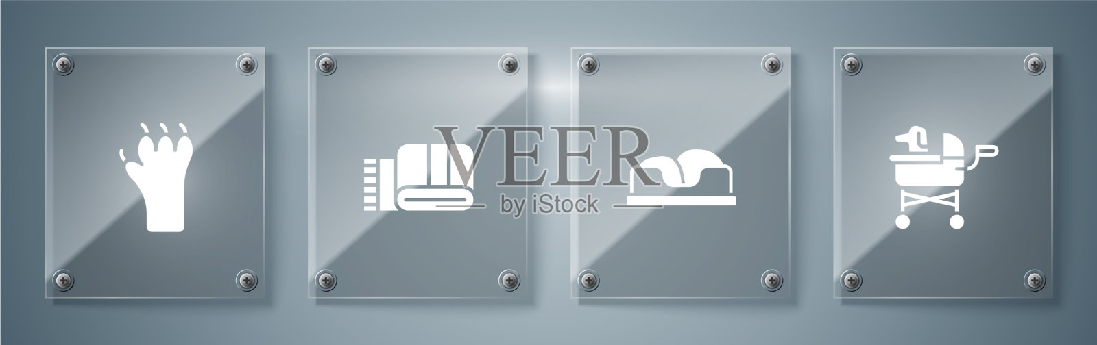 设置宠物婴儿车床毛巾堆叠和爪印图标素材