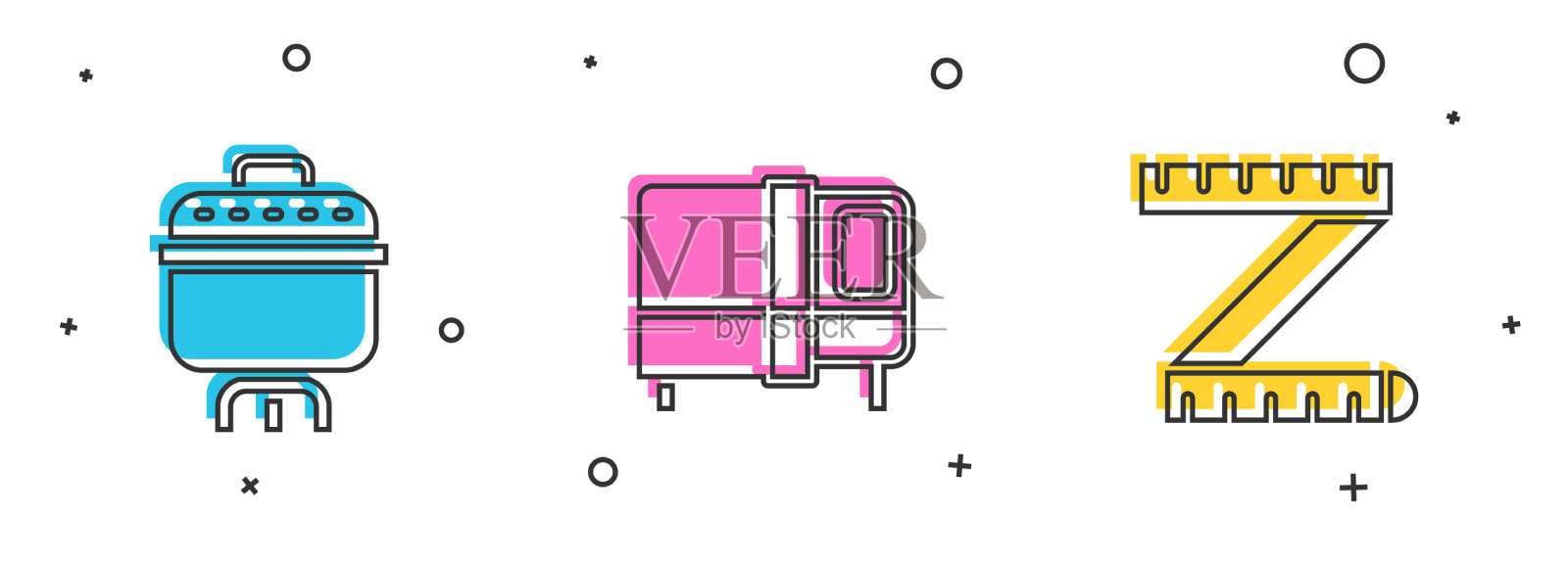 设置烹饪锅床和卷尺图标图标素材