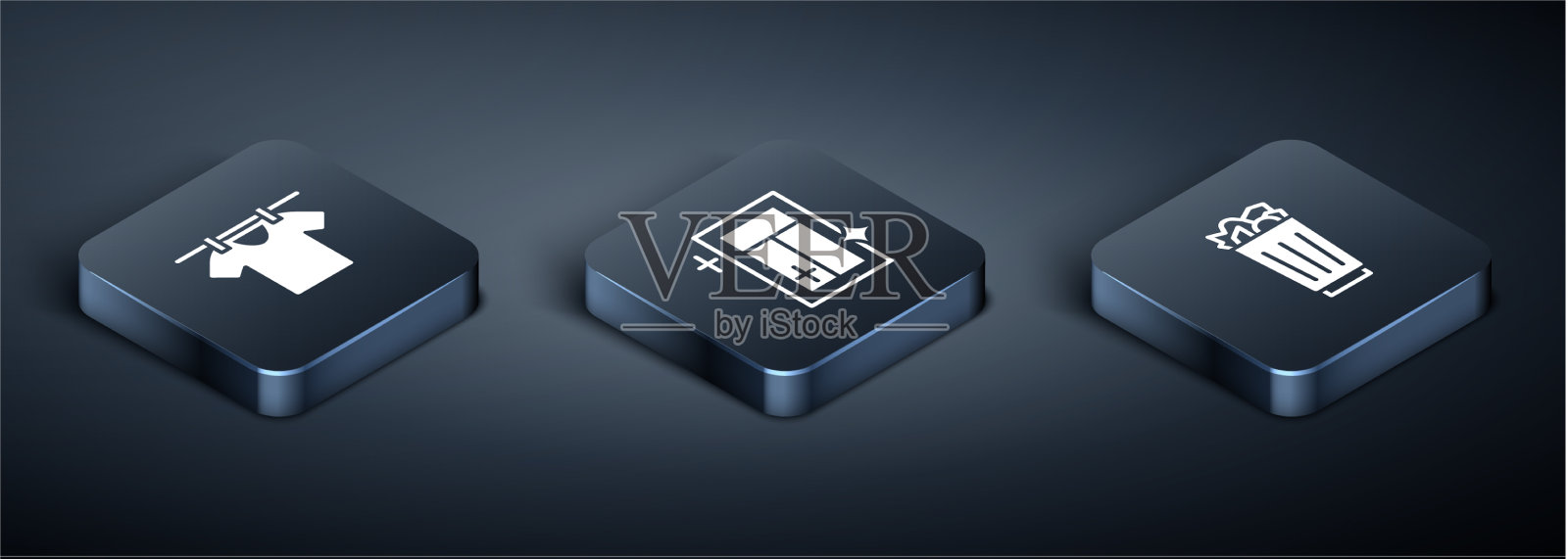 设定等距烘干衣物满垃圾桶和图标素材