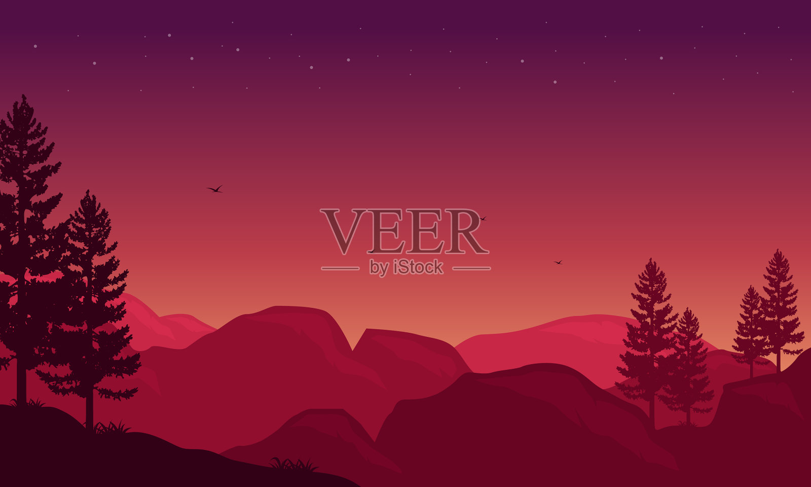 美丽的山景与惊人的星星插画图片素材