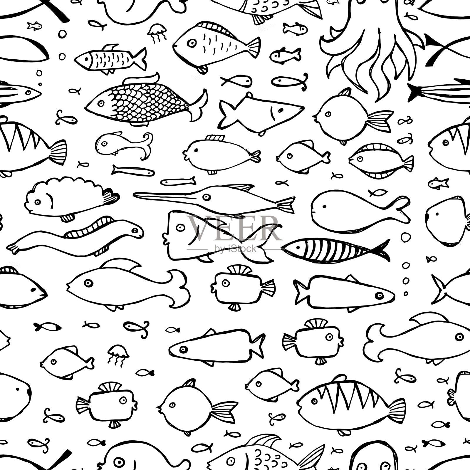 手绘无缝图案与涂鸦鱼插画图片素材