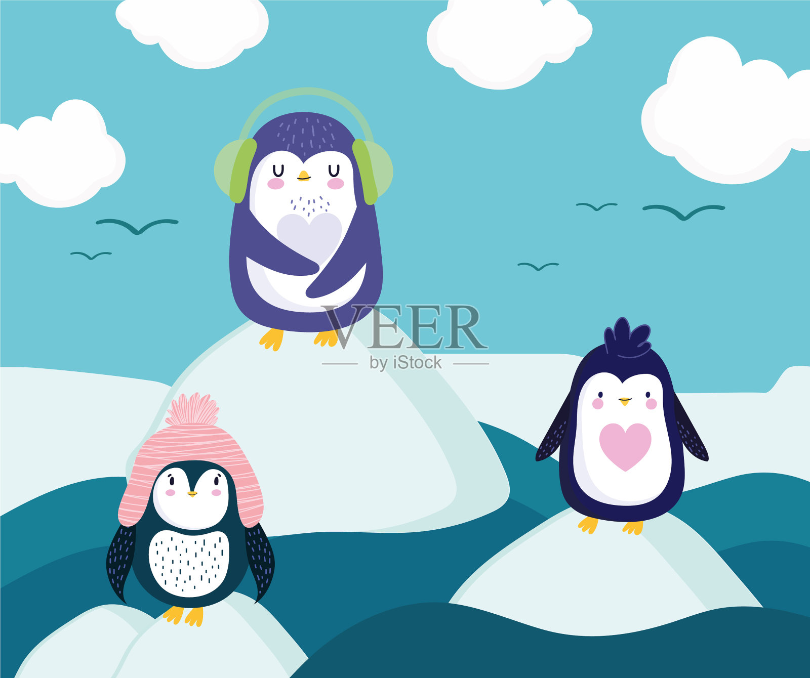 企鹅在冰上插画图片素材