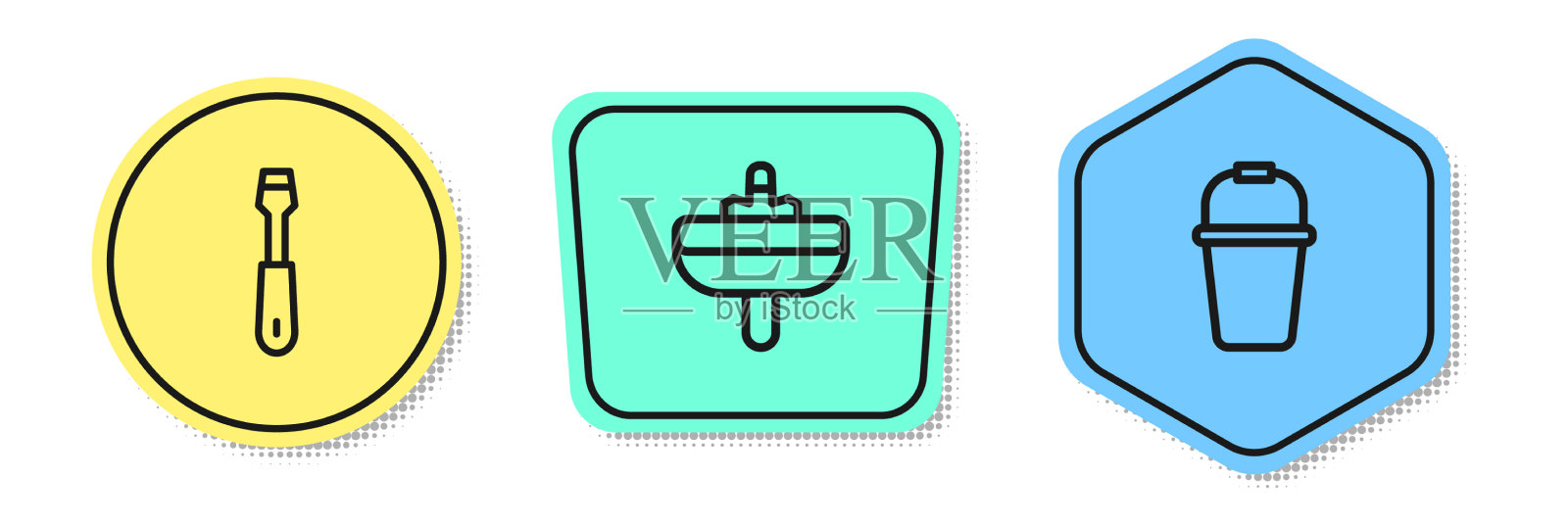 设置线螺丝刀、脸盆和水桶图标素材