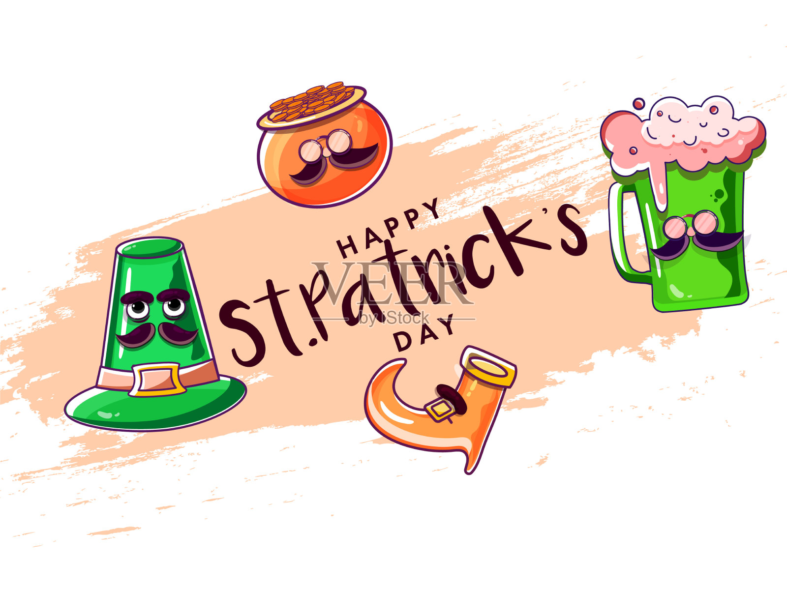 圣帕特里克节快乐的文字涂鸦风格的啤酒插画图片素材