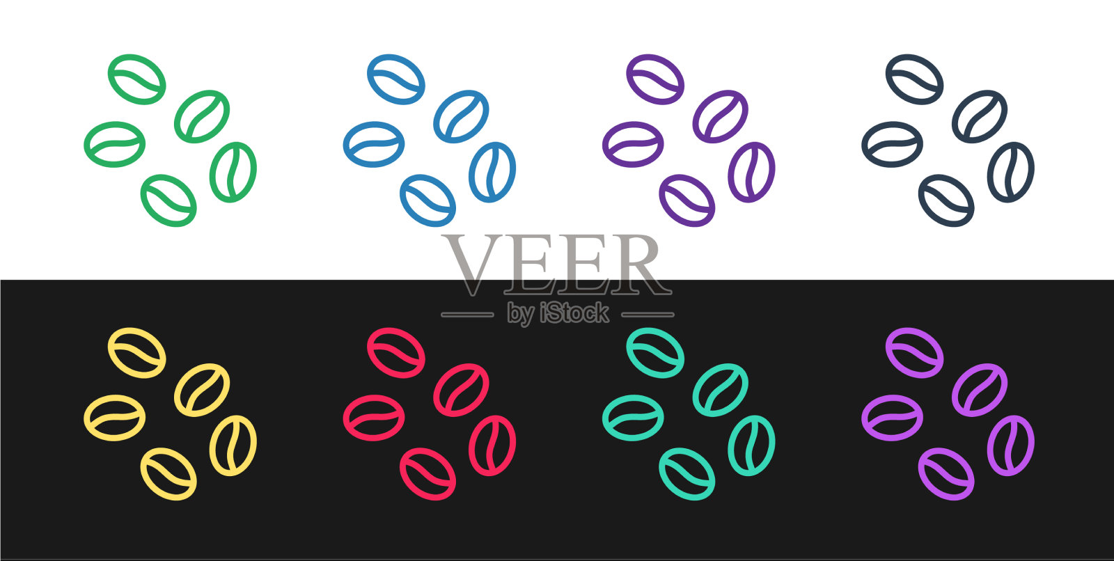 设置线咖啡豆图标孤立在黑色和图标素材