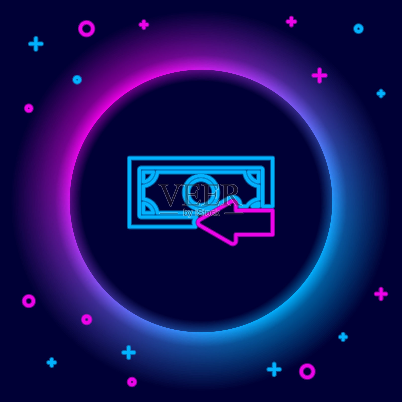 发光的霓虹线现金返还图标孤立在黑色插画图片素材