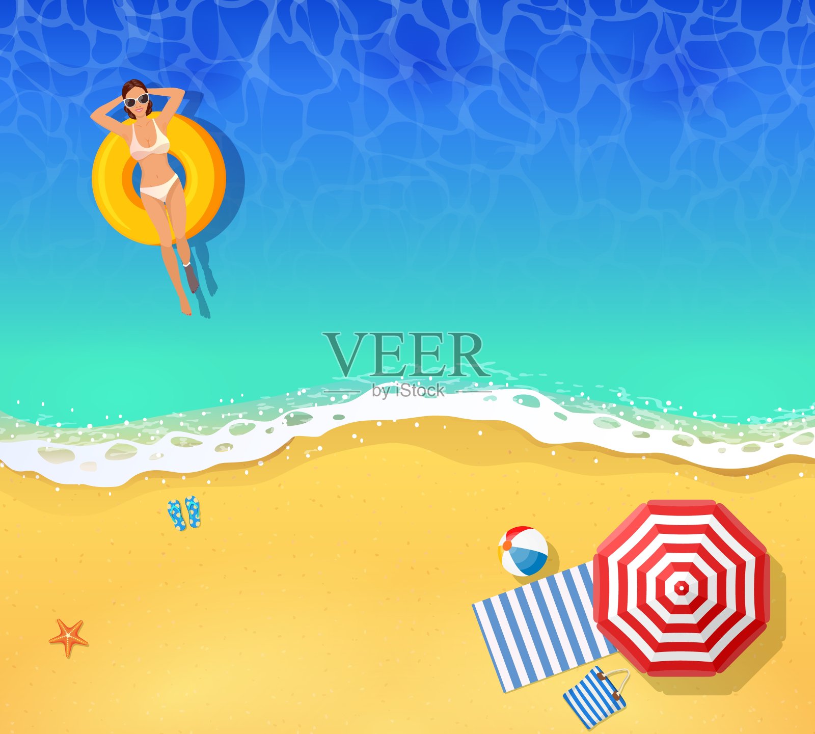 在海里游泳的年轻女子。插画图片素材