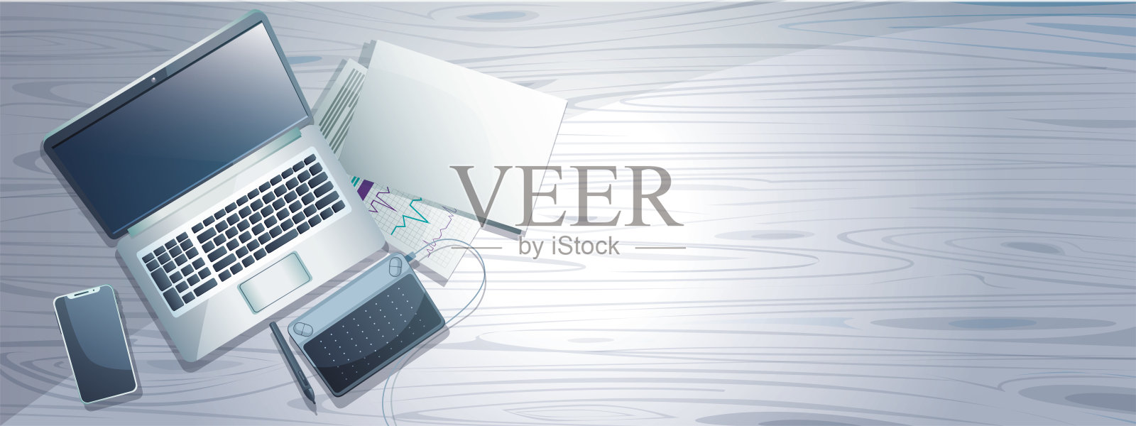 笔记本电脑与平板电脑和手机在一个孤立的白色背景。创意设计或传单。插画图片素材