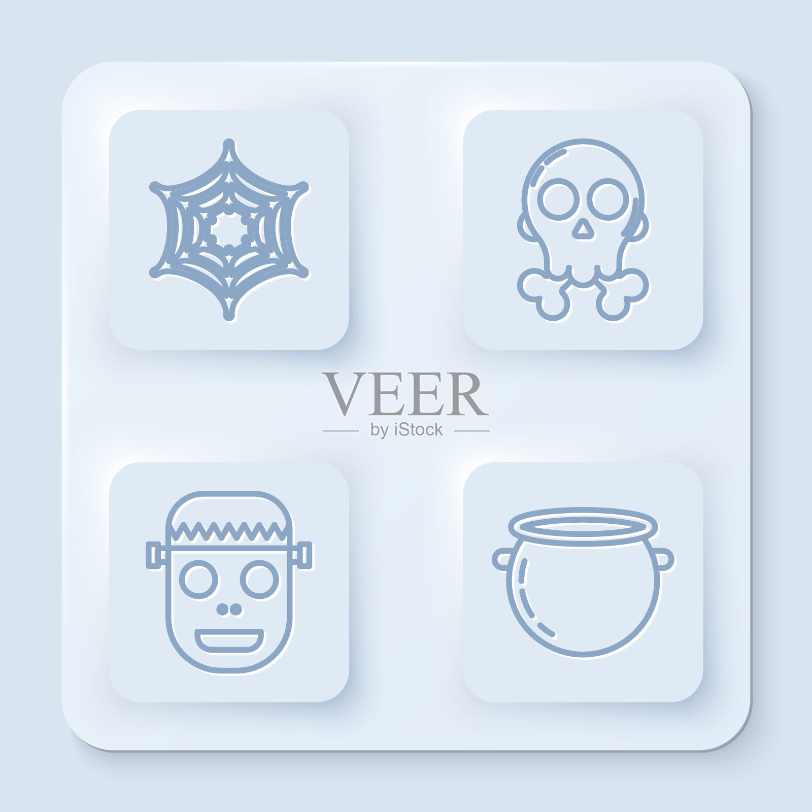 蛛网,骷髅,僵尸面具和万圣节女巫坩埚。白色正方形按钮。向量插画图片素材