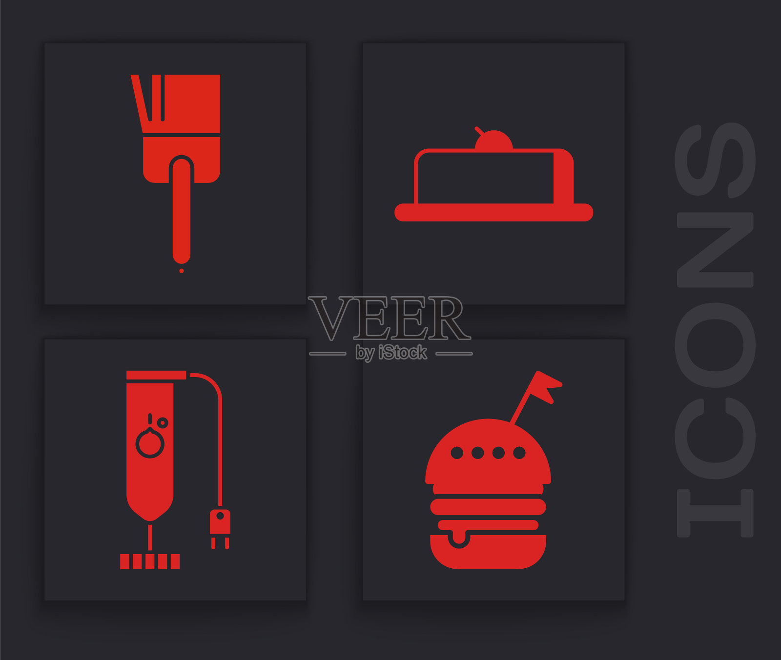 设置汉堡,厨房刷,草莓芝士蛋糕片和搅拌机图标。向量图标素材