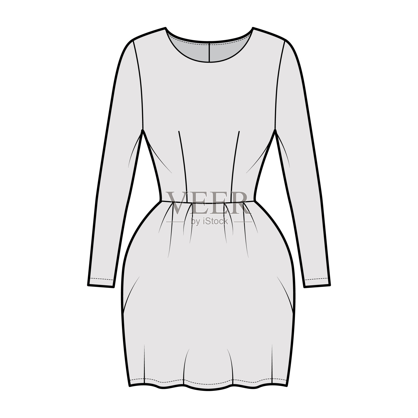 连衣裙钟技术时尚插图与长袖,合身的身体,迷你裙长铅笔。平服装方面设计元素图片
