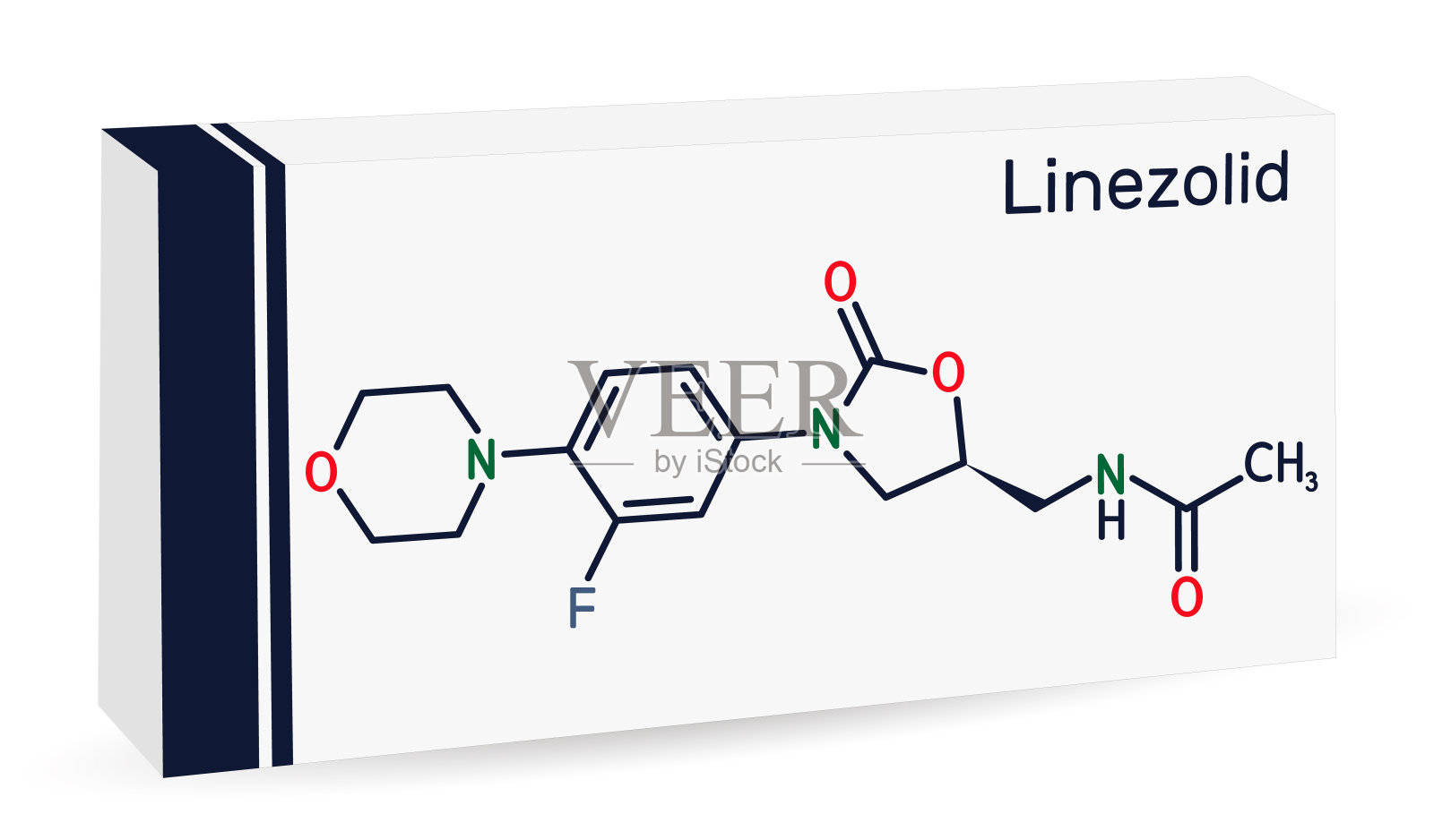 Linezolid分子。它是一种合成抗生素,用于治疗包括链球菌,金黄色葡萄球菌,MRSA在内的感染。药品纸包装插画图片素材