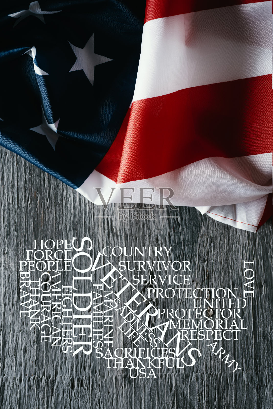 纪念退伍军人的美国国旗和标签云照片摄影图片