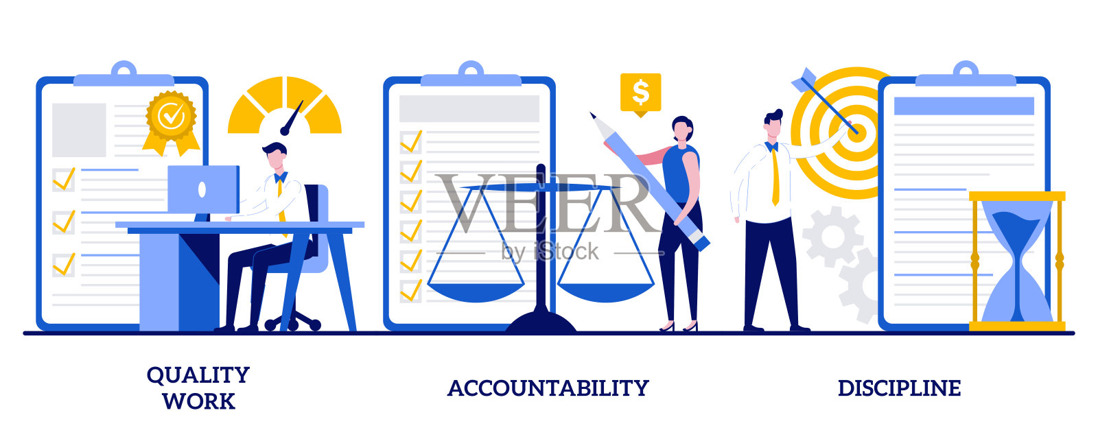 有质量的工作,有责任,有纪律的理念。任务和项目管理抽象矢量插图集。领导力,职业目标和观点的隐喻。插画图片素材