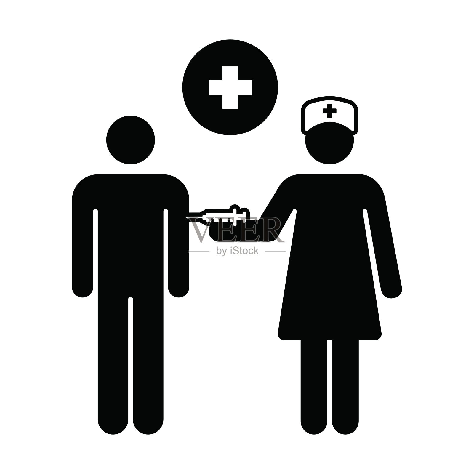 疫苗注射图标向量,在象形文字中用于病毒保护的疫苗注射人符号插画图片素材