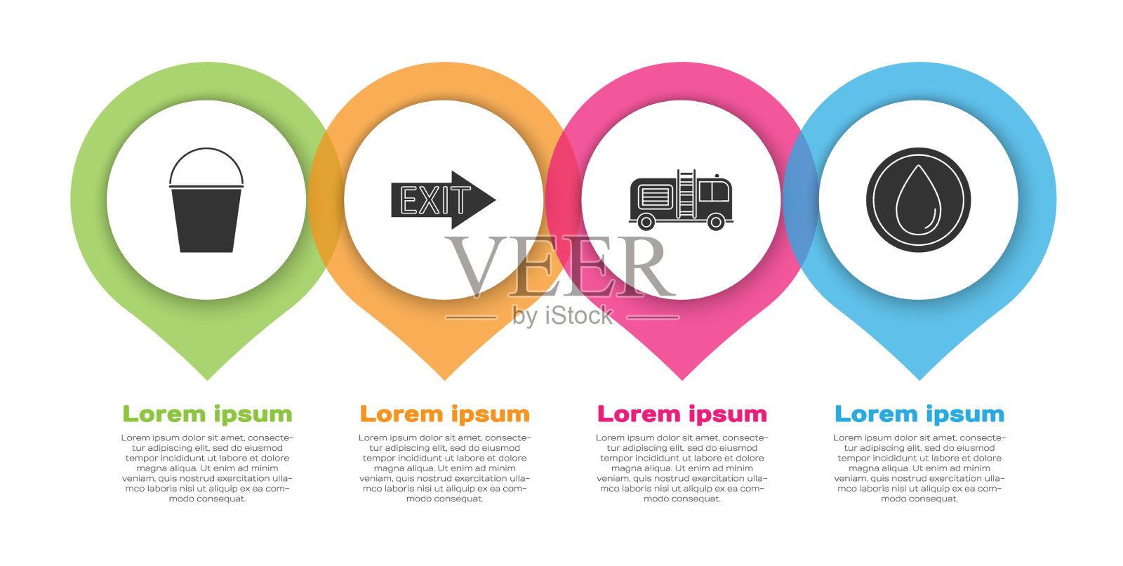 设置消防桶、消防出口、消防车和水插画图片素材