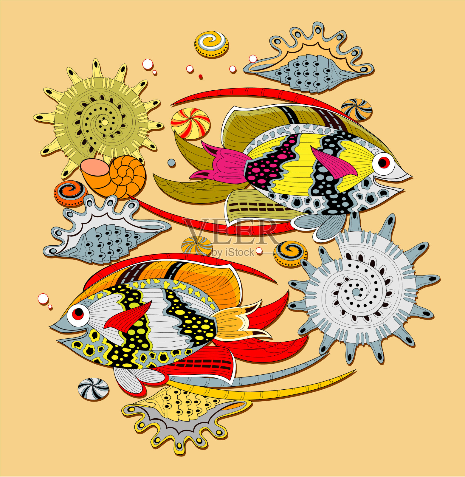 抽象背景与程式化的鱼和插画图片素材