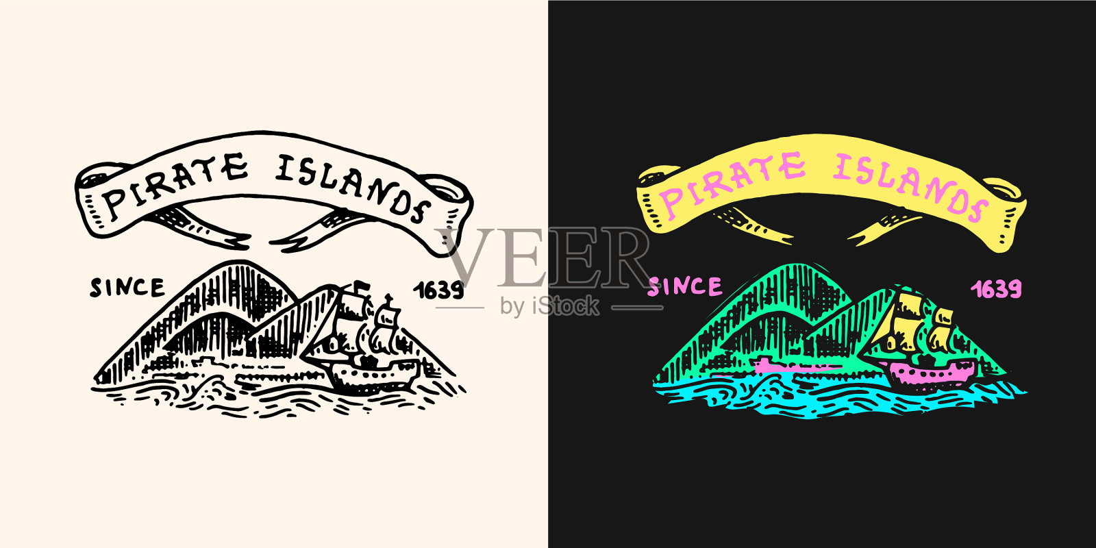 海盗金银岛与缎带标志的海洋插画图片素材