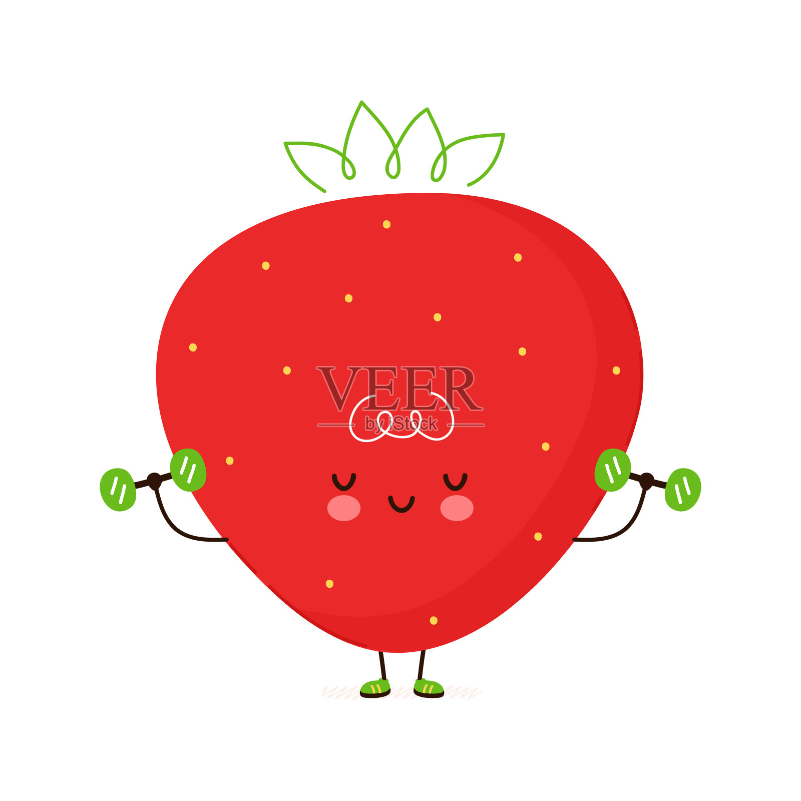 可爱有趣的草莓哑铃。矢量手绘卡通卡通人物插图图标。孤立在白色背景上。草莓健身概念插画图片素材