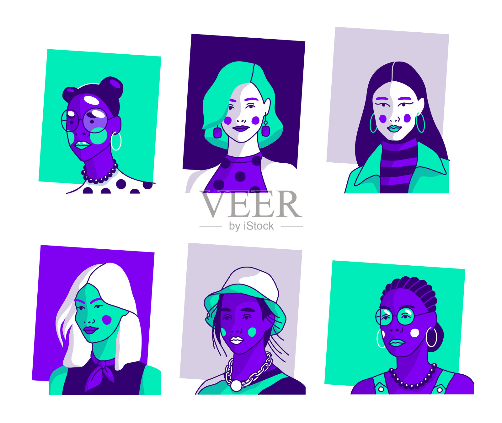 一组不同性别和年龄的女性肖像。矢量插图轮廓。社交网络的化身。插画图片素材