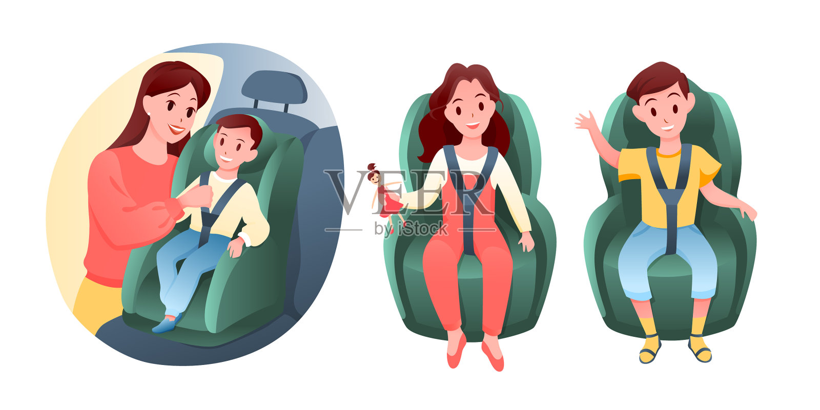 孩子们坐在汽车车座上快乐的男孩插画图片素材