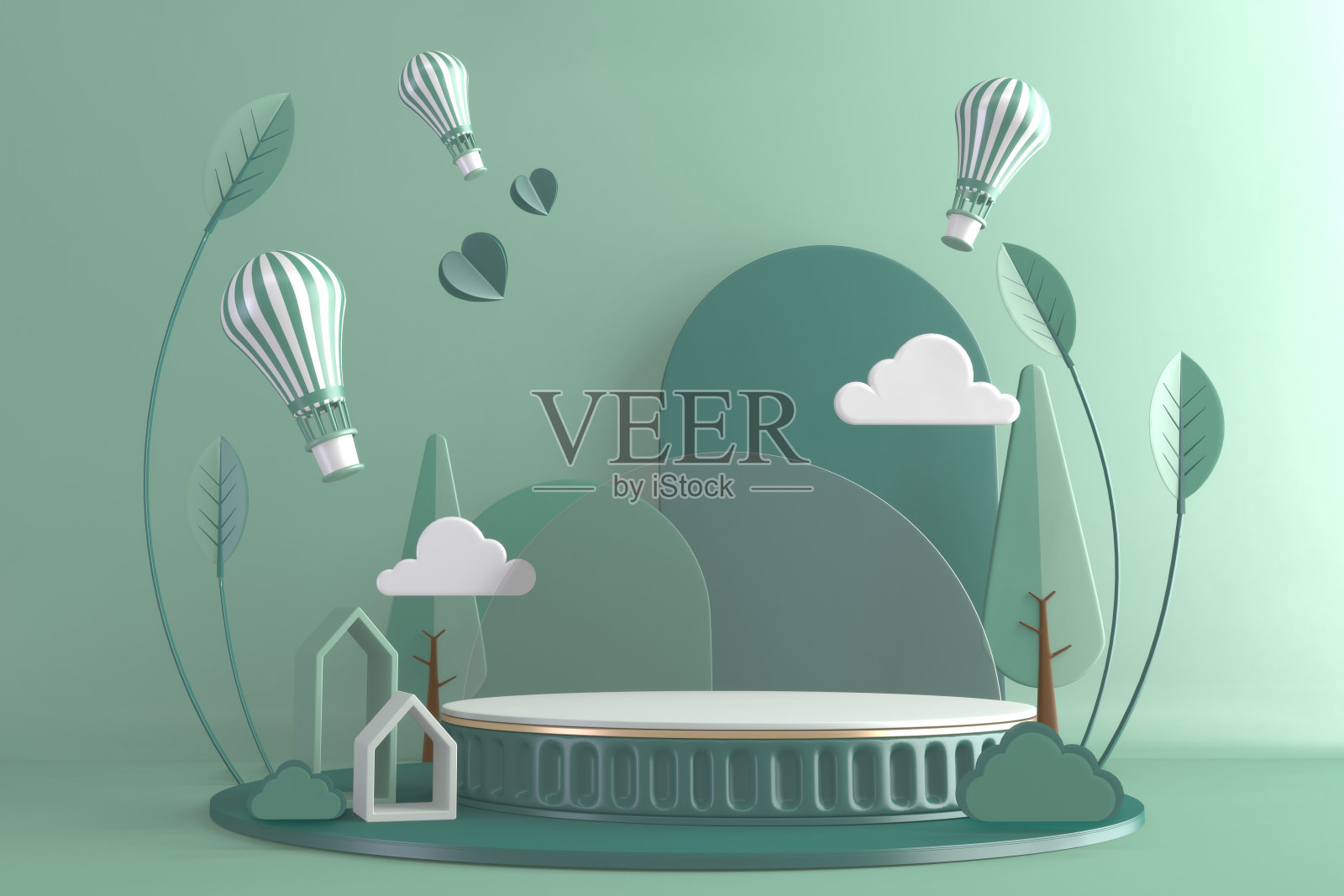 现代绿色柱体造型,装饰卡通风格。三维渲染照片摄影图片