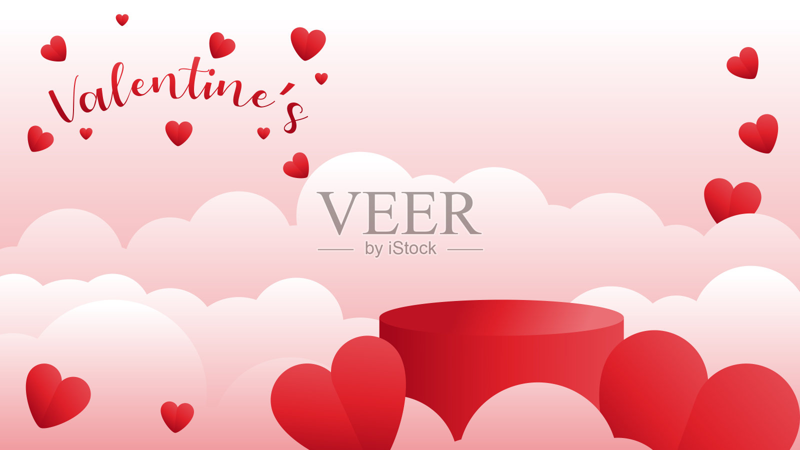 情人节产品销售的讲台背景。矢量3d讲台工作室背景。情人节的背景排版,心和云插画图片素材