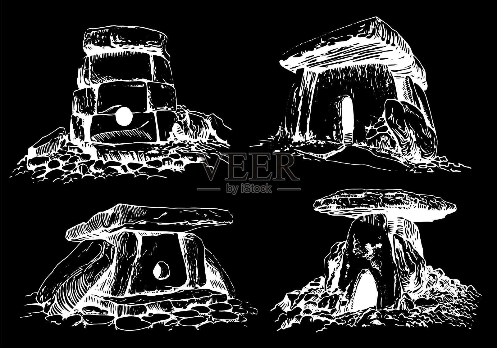 图形设置圆石在黑色背景上插画图片素材