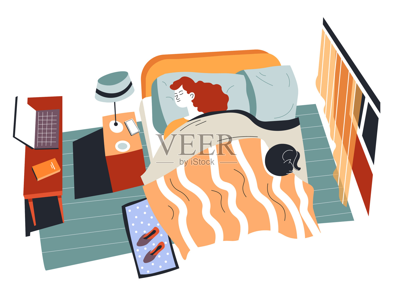 小女孩和猫少年睡在床上设计元素图片