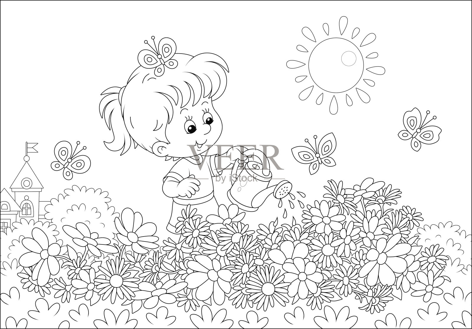 快乐的小女孩浇花插画图片素材