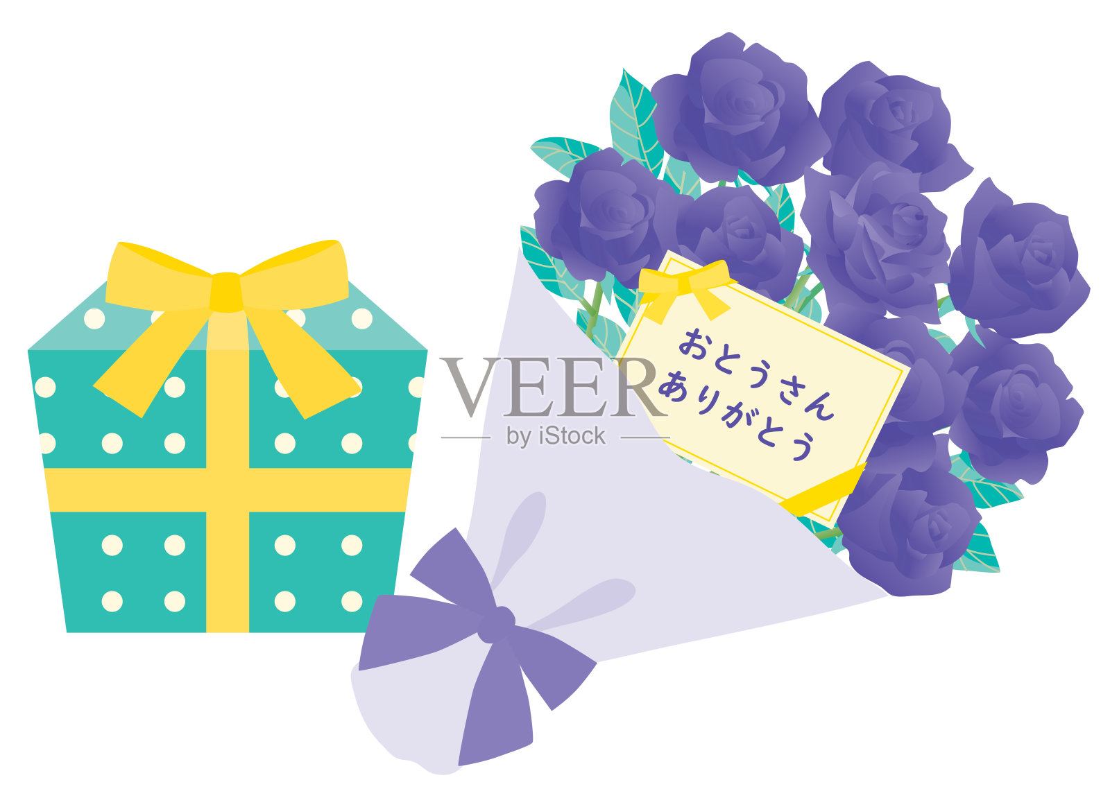 父亲节的玫瑰花束、日本信和礼物盒。设计模板素材