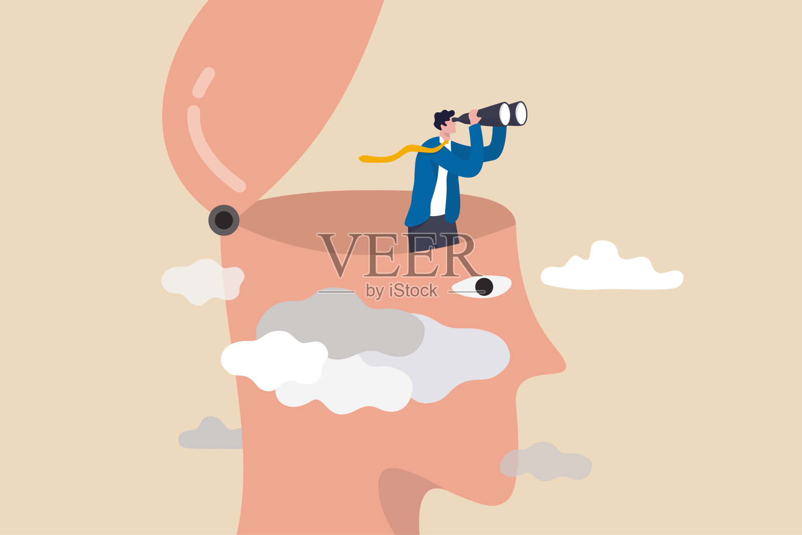 清晰的商业视野要看到未来的机遇,克服困难的挑战要看到真正有远见的概念,聪明的商人用双筒望远镜打开头顶的云风暴要有清晰的视野。插画图片素材