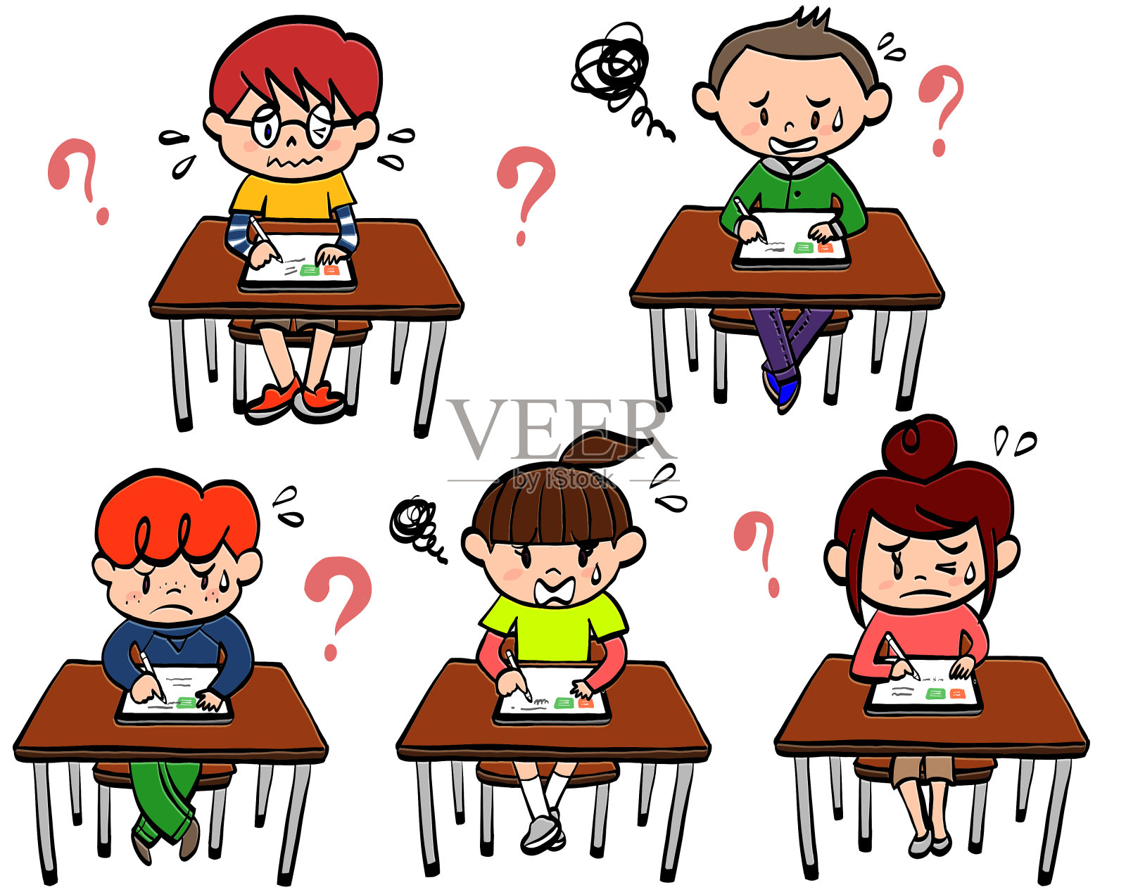 小学生在平板电脑上学习插画图片素材