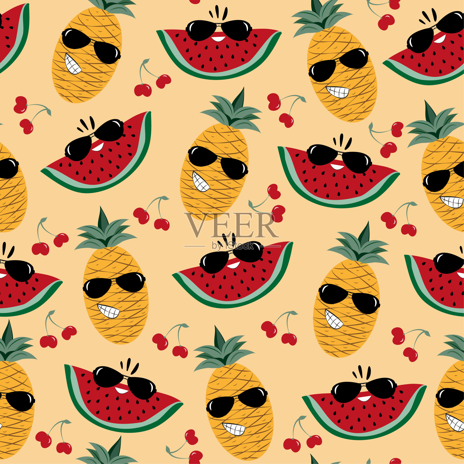 有趣的卡通热带水果无缝图案。插画图片素材