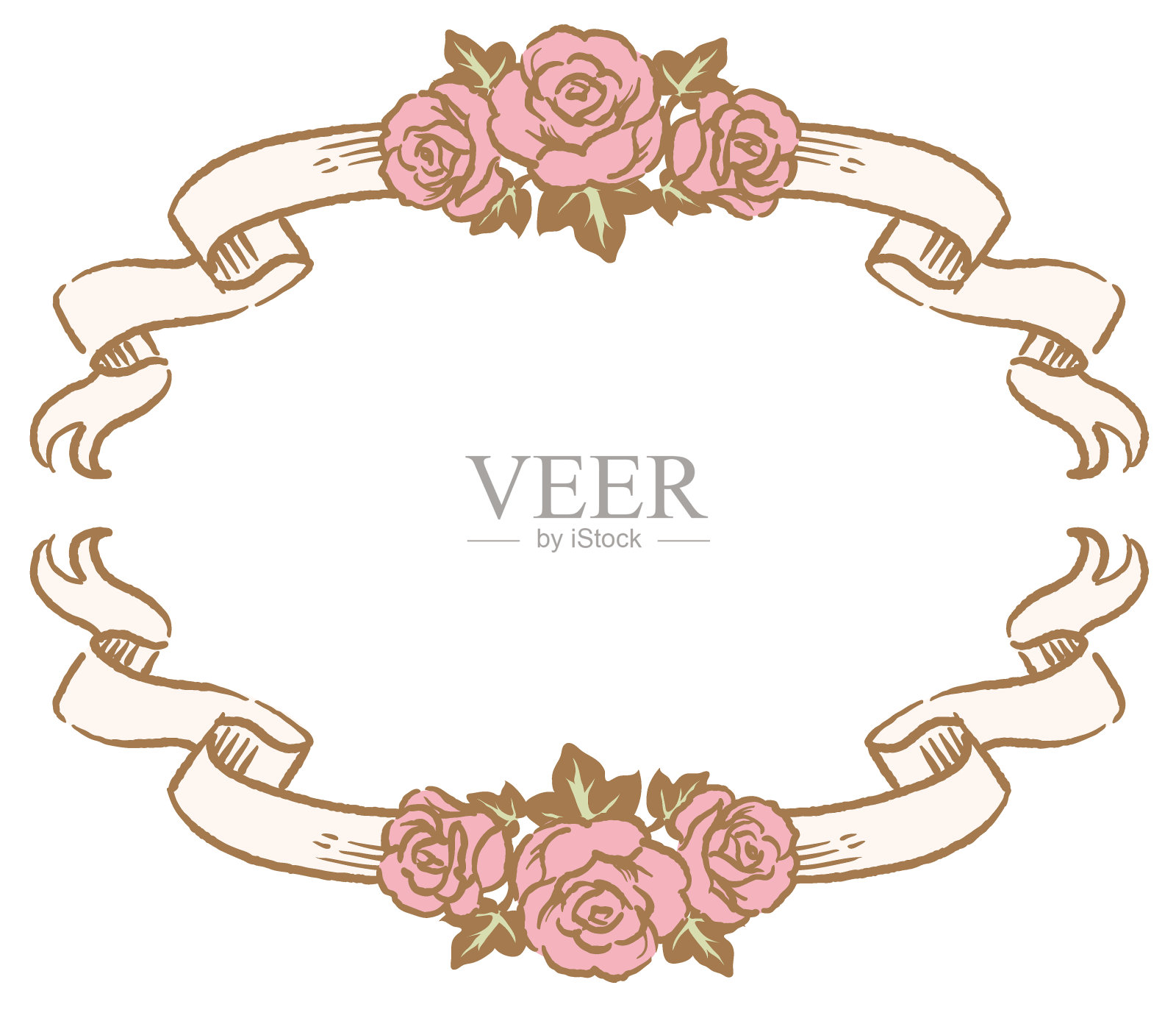 装饰框架与鲜花和复古风格的丝带。插画图片素材