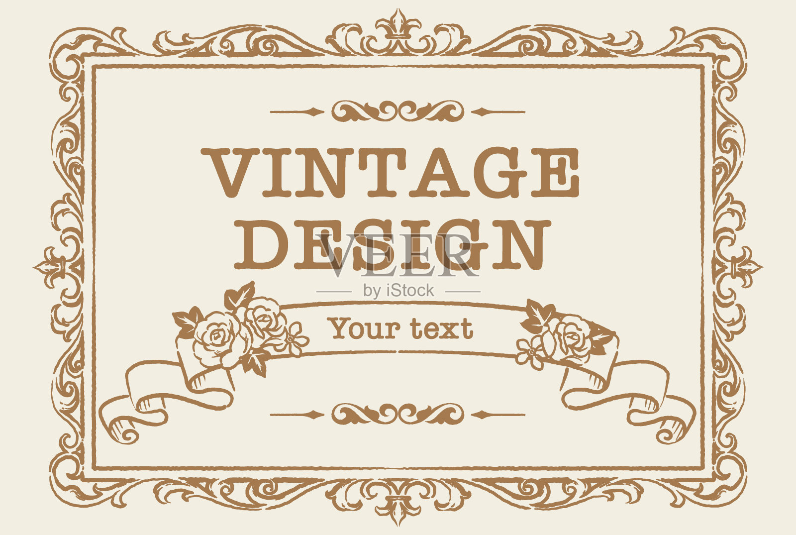 装饰复古框架和元素与丝带和花在古董风格。插画图片素材