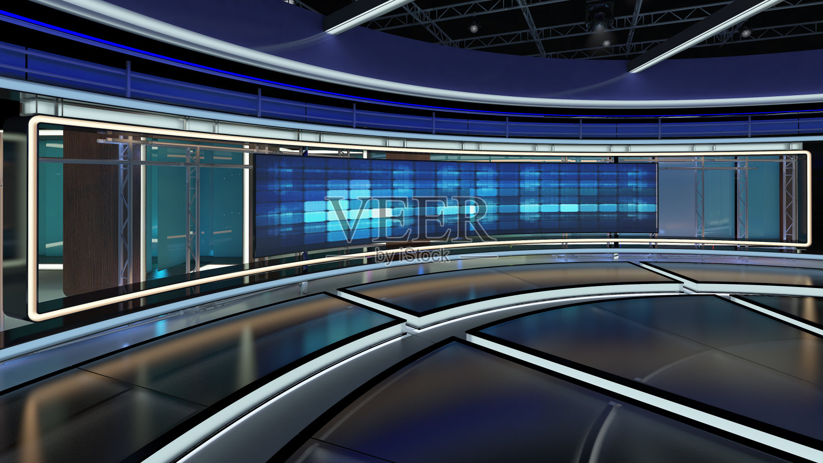 虚拟电视演播室新闻集31。绿屏背景。3 d渲染。照片摄影图片