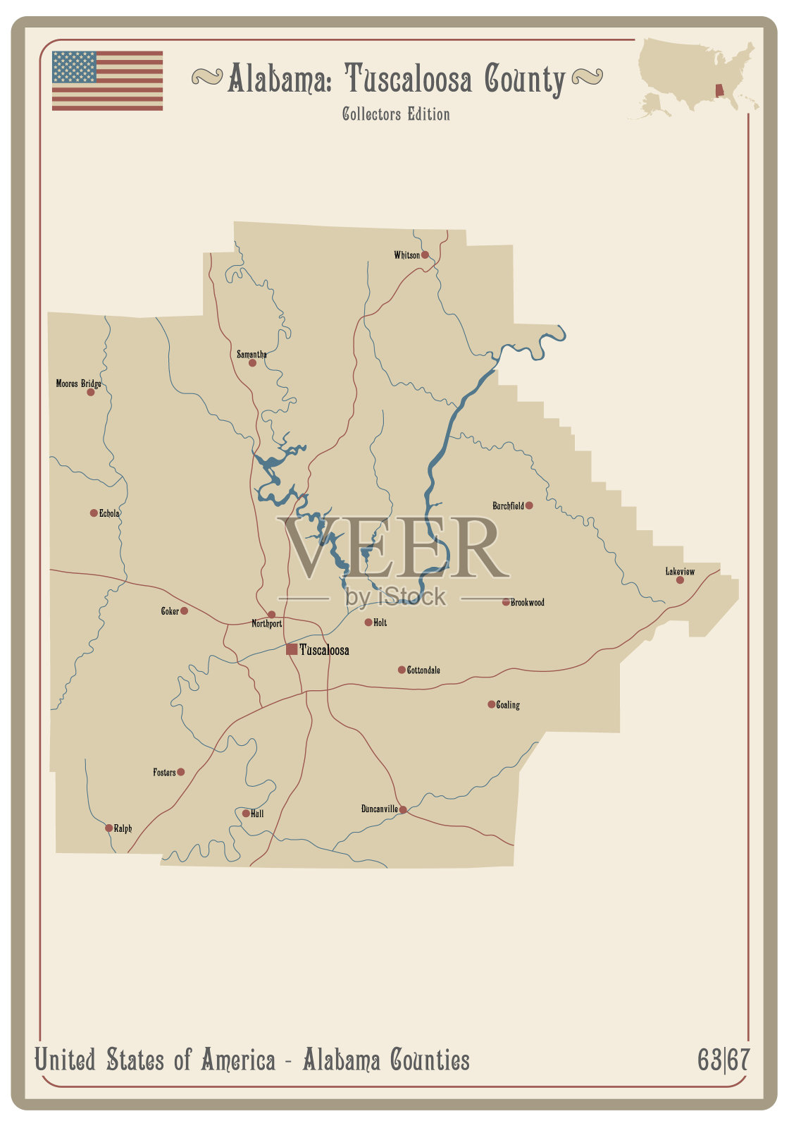 阿拉巴马州塔斯卡卢萨县地图插画图片素材