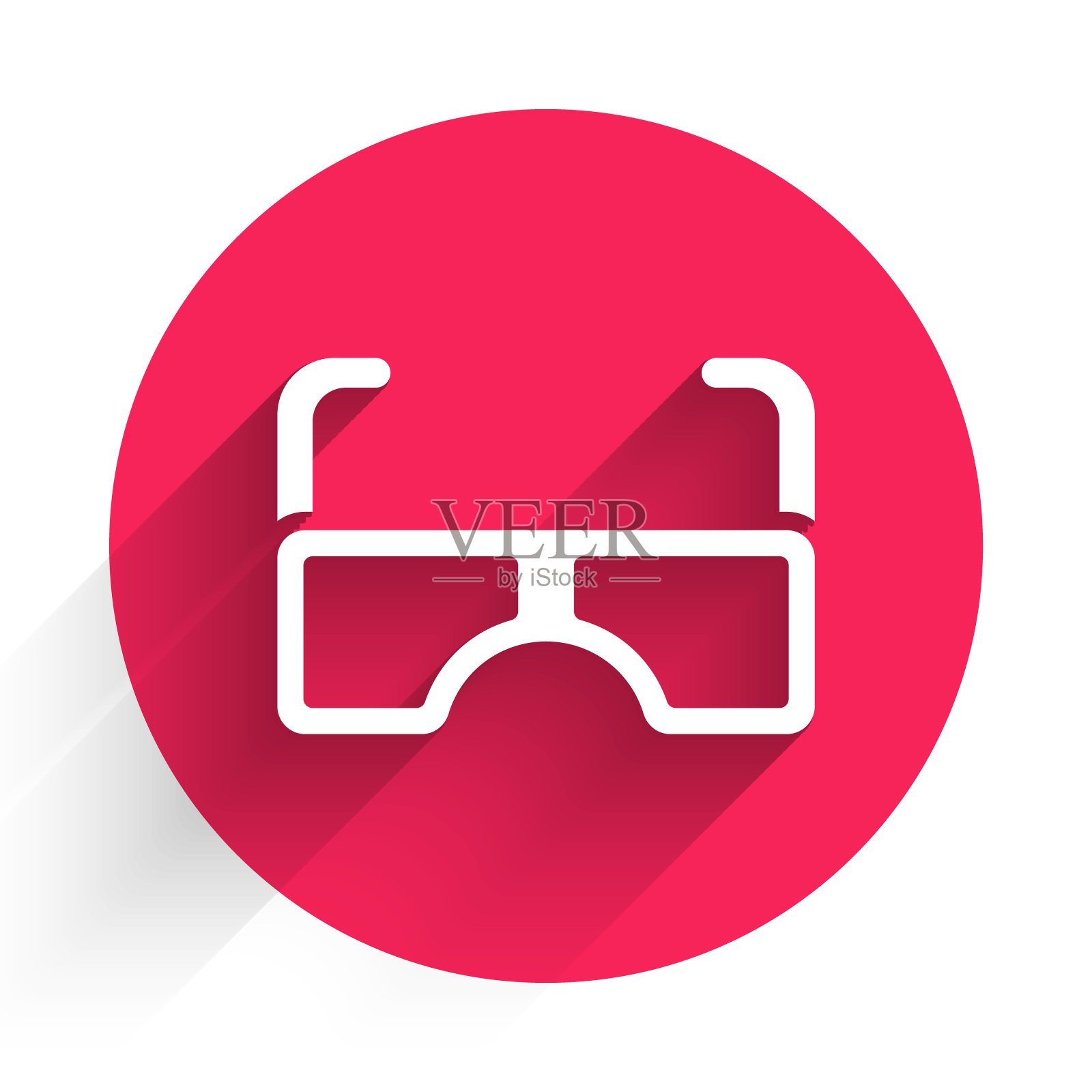 白色眼镜图标孤立与长影子。眼镜框的象征。红色圆圈按钮。向量插画图片素材