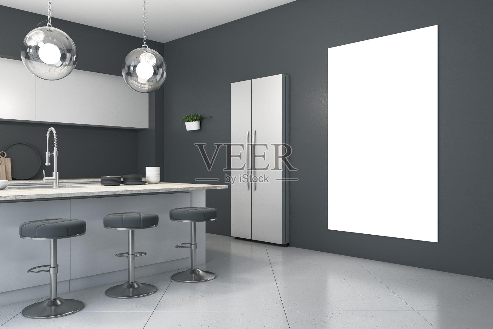 现代的厨房内部,混凝土墙上有空白的海报,闪亮的地板,电器和球形灯。奢华的生活方式的概念。模拟,3D渲染。照片摄影图片