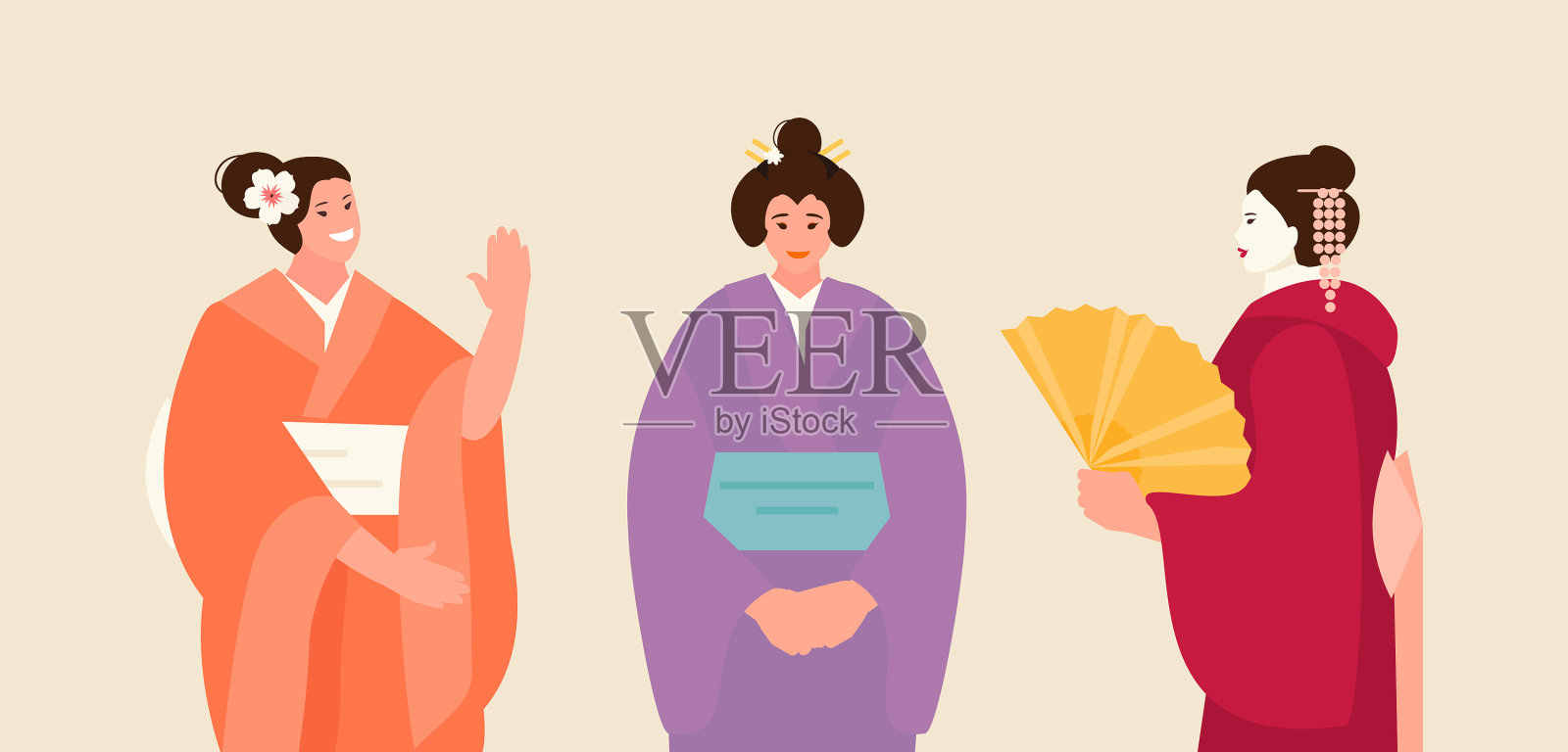 穿着传统服装的日本妇女插画图片素材