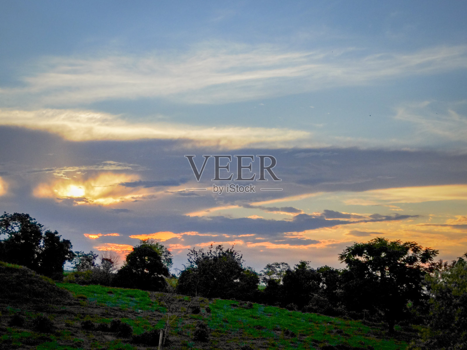 在色彩斑斓的天空的映衬下,绿树成荫的乡村景色照片摄影图片