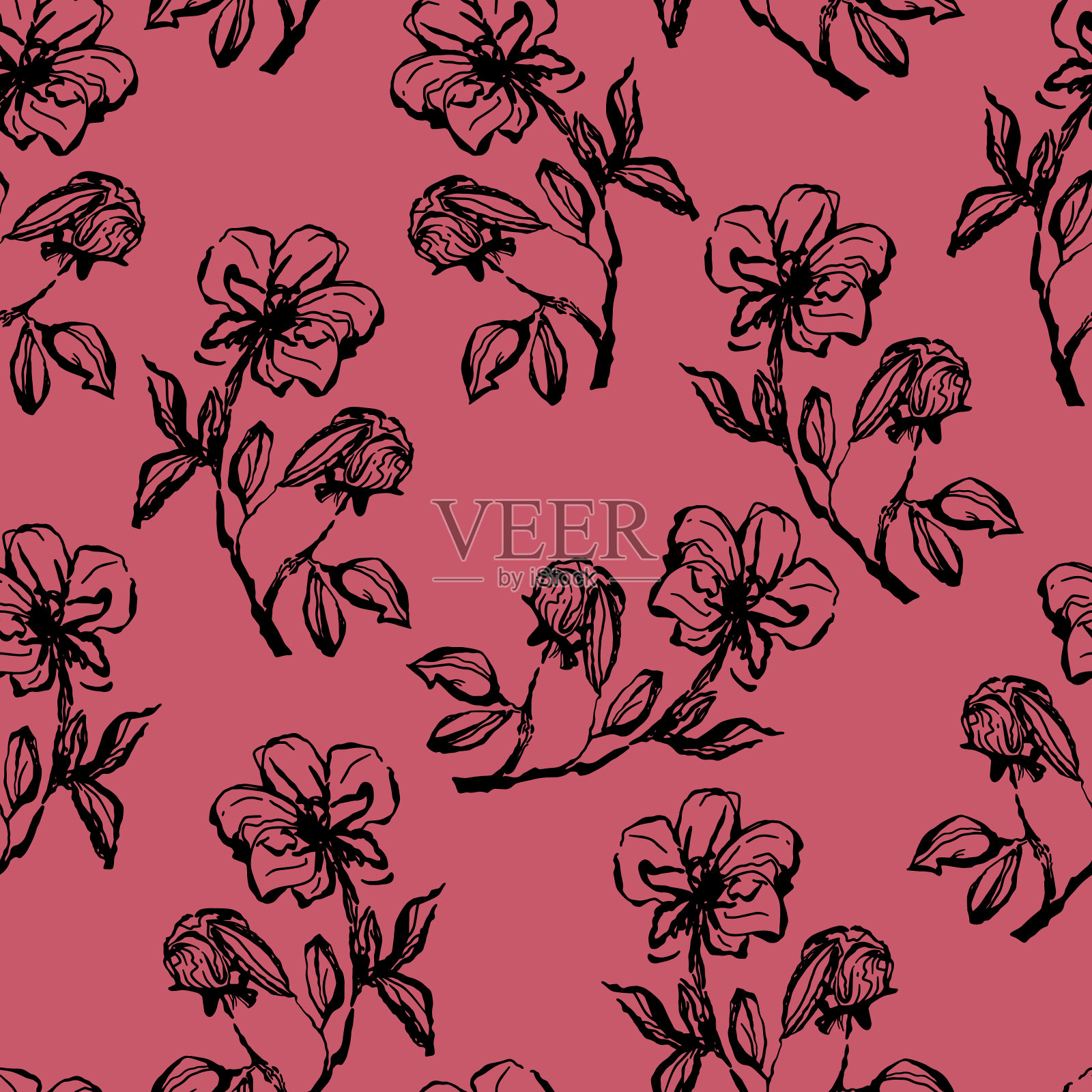 无缝轮廓花矢量图案与细枝和叶子在对比淡紫色背景插画图片素材